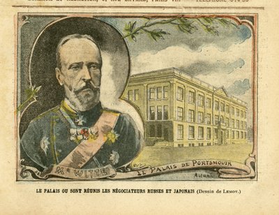 Illustrasjon av Achille Lemot (1846-1909) i Le Pelerin, 20/08/05 - Palasset hvor russiske og japanske forhandlere gjenforenes - Russland, Japan, den russisk-japanske krigen, Portsmouth - Witte Serge (1849-1915) av Achille Lemot