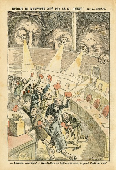 Illustrasjon av Achille Lemot (1846-1909) i Le Pelerin, 20/11/04 - Utdrag fra manifestavstemningen fra Great Orient - Antimaconism Freemaking, Great Orient of France - Urne av Achille Lemot