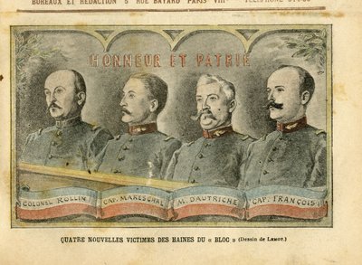 Illustrasjon av Achille Lemot (1846-1909) i Le Pelerin, 20/11/04 - Fire nye ofre for blokkhat - Armee, Fiche-affære, Patriotisme - Rollin-oberst, Mareschal-kaptein, Dautriche, Francois-kaptein av Achille Lemot