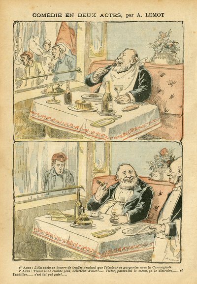 Illustrasjon av Achille Lemot (1846-1909) i Le Pelerin, 22/05/04 - Komedie i to akter - Restaurantkafeer, Gastronomisk matlaging, Sosialisme - Boys de cafe, Trøffel - Fett/mager av Achille Lemot