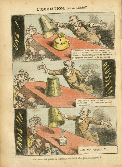 Illustrasjon av Achille Lemot (1846-1909) i Le Pelerin, 23/06/07 - Likvidering - Spill, Religion Tro, Sølv, katolsk katolisisme - Milliard av kongregasjoner - Honneteau av Achille Lemot