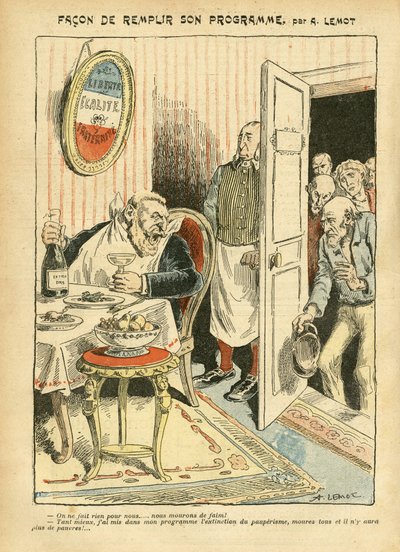 Illustrasjon av Achille Lemot (1846-1909) i Le Pelerin, 23/07/05 - Hvordan oppfylle programmet hans - Sosial, Misere, Gastronomisk kokk, Sosialisme - Jaures Jean, Depute, Homemans - Matmetafor, Opposisjon/forening av Achille Lemot