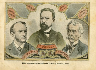 Illustrasjon av Achille Lemot (1846-1909) i Le Pelerin, 23/10/04 - Tre radikale ekskommuner av blokken - Budget Finances, President of Republic, Maritime Marine Nautique Balneaire, Bloc des lefts, Indokine, Works publics - Doumer Paul (1857–1932), av Achille Lemot