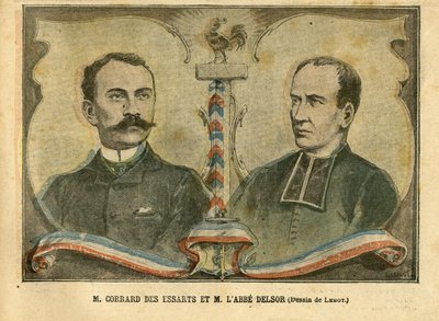 Illustrasjon av Achille Lemot (1846-1909) i Le Pelerin, 24.01.04 - M. Corrard des essarts og M. L'abbe Delsor - Religion Tro, Trefarget flagg, katolsk katolisisme - Coq, Delsor Nicolas (1847-1927) , Corrard des Essarts Jules (1865-1911) av Achille Lemot
