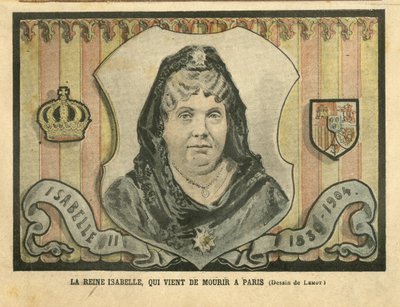 Illustrasjon av Achille Lemot (1846-1909) i Le Pelerin, 24/04/04 - Dronning Isabelle, som nettopp døde i Paris - Paris, Spania, monarkiet, utenlandsk suveren - Isabella II av Spania (1830-1904) av Achille Lemot