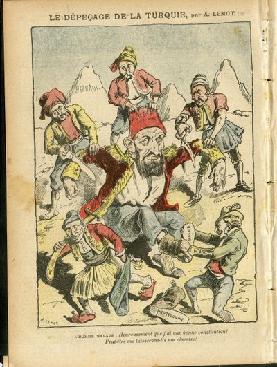 Illustrasjon av Achille Lemot (1846-1909) i Le Pelerin, 25/10/08 - Tyrkias depecage - Tyrkia, Religion Faith, Balkan, Bulgaria, Bosnia Herzegovine, Kreta, katolsk katolisisme - Abdul-Hamid II (1842-1918) av Achille Lemot