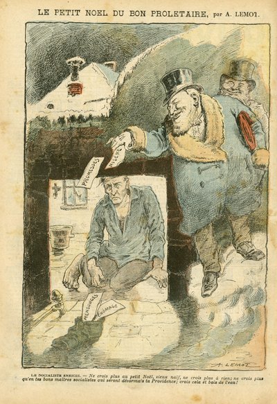 Illustrasjon av Achille Lemot (1846-1909) i Le Pelerin, 25/12/04 - The Christmas of the Good Proletary - Valg, Misere, Winter, Life of the Rich, Socialism - Worker, Miserous, Poor, SDF - Opposisjon/forening av Achille Lemot