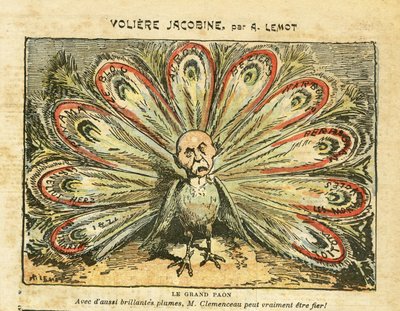 Illustrasjon av Achille Lemot (1846-1909) i Le Pelerin, 26.01.08 - Jacobin voliere - Bloc des lefts, Wine crisis Revolte des vignerons, Narbonne, Beziers, Aurore (dagbok) - Clemenceau George, Peacock, - Animalization av Achille Lemot