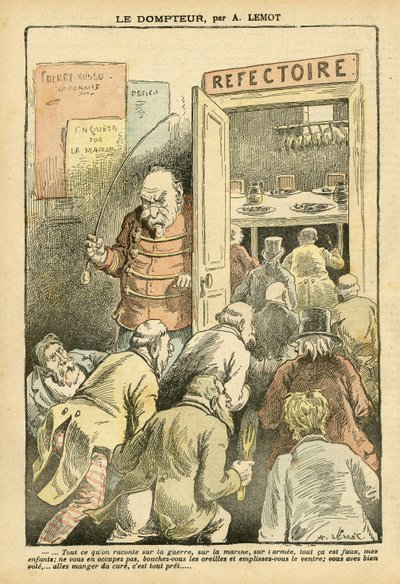 Illustrasjon av Achille Lemot (1846-1909) i Le Pelerin, 27/03/04 - Temmeren - Restaurantkafeer, Gastronomisk kokk - Combes Emile (1835-1921), Tamer - Matmetafor av Achille Lemot