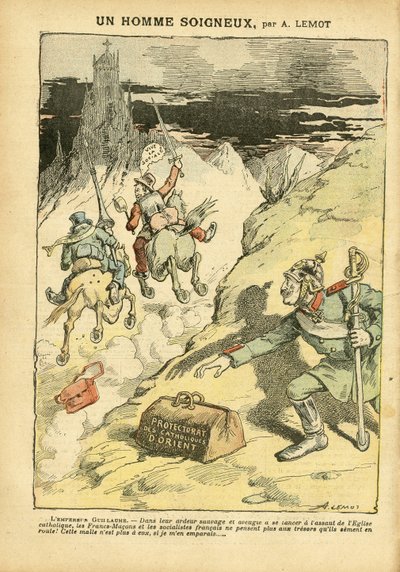 Illustrasjon av Achille Lemot (1846-1909) i Le Pelerin, 28/05/05 - A Careful Man - Antiklerikalisme, Sosial, Kolonisering Kolonialisme Kolonisme, Franco-Makonisme, Orient, Religion Tro, Venstreblokk, Sosialisme, Protektorat for østlig katolisisme, Katolsk  av Achille Lemot