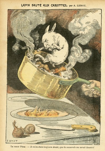 Illustrasjon av Achille Lemot (1846-1909) i Le Pelerin, 29.01.05 - Kaninjumte med gulrøtter - Arkivkoffert, Gastronomikjøkken - Combes Emile (1835-1921), Kanin - Kasserolle - Matmetafor, Animalisering av Achille Lemot