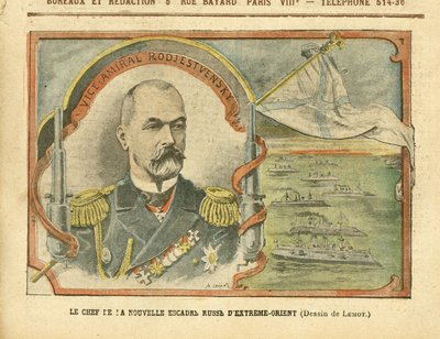 Illustrasjon av Achille Lemot (1846-1909) i Le Pelerin, 30/04/05 - Lederen for den nye russiske fjernøstenskvadronen - Russland, Armee, Navy Seaside, Krigsskip - Admiral Admirals, Rodjestvensky (Zinovi Rozhestvensky) av Achille Lemot