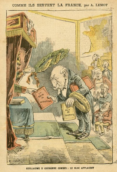 Illustrasjon av Achille Lemot (1846-1909) i Le Pelerin, 31/01/04 - Hvordan de tjener Frankrike - Tyskland Preussen, Religion Tro, Bloc des Left, Patriotisme, katolsk katolisisme - Utkastelser av religiøse - Combes Emile (1835-1921) , William II, Delsor Nic av Achille Lemot