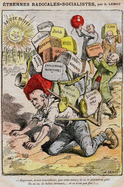 Radikal-sosialister (sosialistiske radikaler): tegneserie av Achille Lemot (1846-1909) i Le Pelerin (1909) - en arbeider krasjer under byrden av skatter, skatter og ulemper som følge av vanstyre fra regjeringen og Georges Clemenceau - streiker, d av Achille Lemot