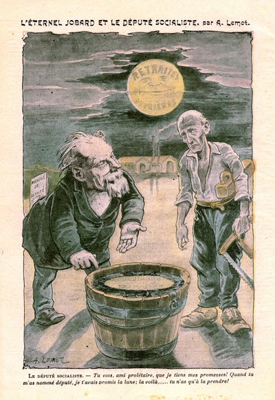 Sosialistisk stedfortreder som lover månen (pensjonering) til en fattig proletar (snekker), i Le Pelerin, katolsk ukeblad nr. 1391 av 30. august 1903 av A. Lemot (tegning) av Achille Lemot