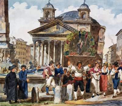 Jordbærfestival på Pantheon i Roma, Akvarell av Achille Pinelli (1809-1841), Italia av Achille Pinelli