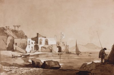 Havn som fører Borbone-flagget med Vesuv i sør, med tillegg av en Borbone-elev (blyant, sepiavask og gouache på papir) av Achille Vianelli