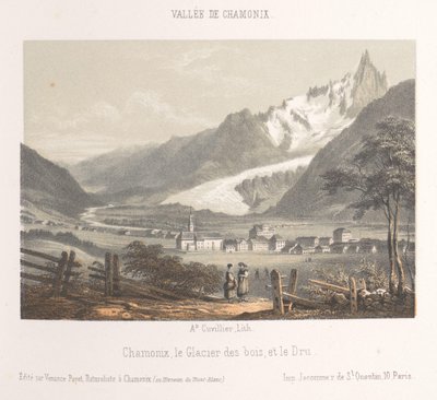 Utsikt over Aiguille de Bionnassay med isbre Aiguille et Glacier de Bionnassay (tittel på objekt) Memory of Chamonix-Mont-Blanc (serietittel) Museum du Mont-Blanc (serietittel på objekt) av Ad. Cuvillier