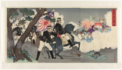 Bilde av vår hær som beseirer kineserne ved Pyongyang Waga gun Heijô no shinhei o gekiha suru zu (tittel på objekt) av Adachi  Ginkō