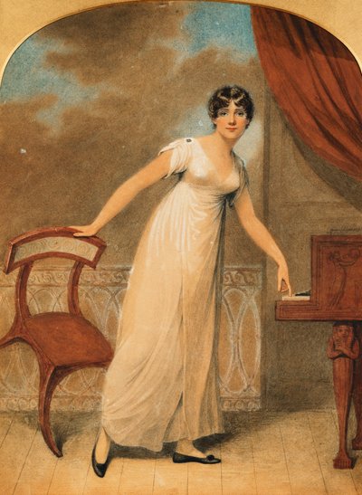 Portrett av en dame, stående i full lengde i en hvit kjole av et piano, 1801 av Adam Buck