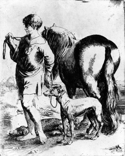 Gutt med hest og to hunder, ca. 1597-1610 av Adam Elsheimer