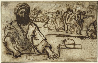 Sittende skjeggete mann, med et opptog av mennesker og ryttere i bakgrunnen av Adam Elsheimer
