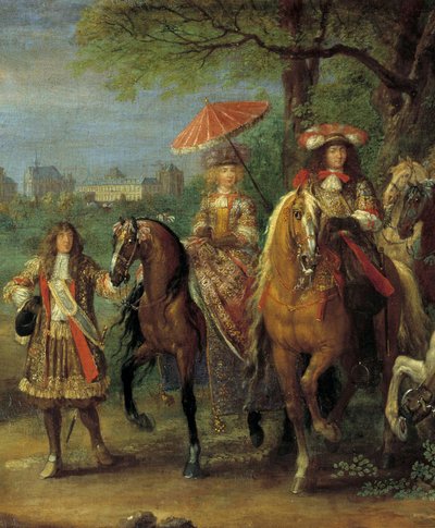 Kong Ludvig XIV (1638-1715) og dronning Marie-Therese av Østerrike (1638-1683) går foran slottet i Vincennes i 1669 detalj av maleriet av Adam Frans Van der Meulen (1632-1690) av Adam Frans van der Meulen