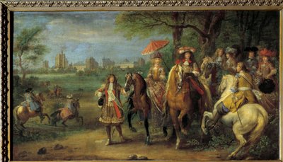 Kong Ludvig XIV (1638-1715) og dronning Marie-Therese av Østerrike (1638-1683) går foran slottet i Vincennes i 1669 Maleri av Adam Frans Van der Meulen (1632-1690) av Adam Frans van der Meulen