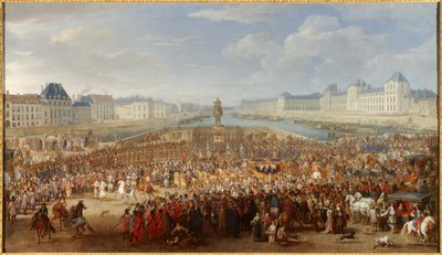 Kong Ludvig XIV (1638-1715) krysser Pont Neuf i sin vogn Maleri av Adam Van der Meulen (1632-1690) av Adam Frans van der Meulen