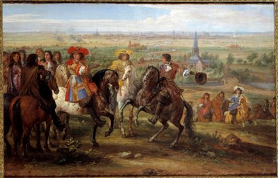 Kong Ludvig XIV før priorinnen til Fives ved setet i Lille i august 1667 Maleri av Adam Frans Van der Meulen (1632-1690) (ec.flam.) 1667 Søn. 0,52x0,8 m - Kong Ludvig XIV ved beleiringen av Lille vendt mot Priory of Fives, august 1667. Maleri av Ad av Adam Frans van der Meulen