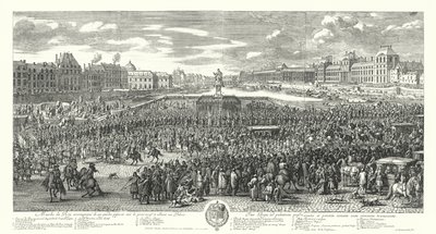 Louis XIV av Frankrike og hans vakt krysser Pont-Neuf i Paris på vei til Palais du Louvre (gravering) av Adam Frans van der Meulen