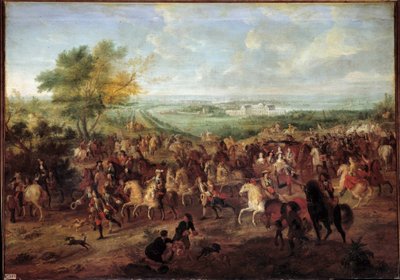 Gå med vogn av kong Louis XIV (1638-1715), dronning Marie Therese av Østerrike, Dauphin Louis og Dauphine foran slottet Clagny i Versailles Maleri av Adam van der Meulen (1632-1690) Rundt 1680 Søn. 1,4x1,9 av Adam Frans van der Meulen