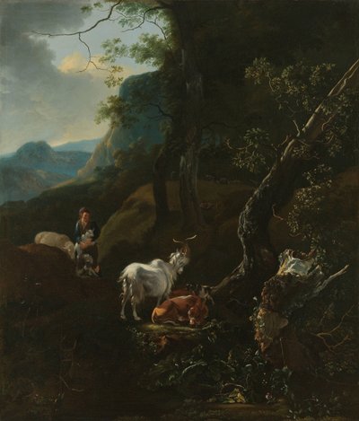 En gjeterinne med dyr i et fjellandskap av Adam Pijnacker