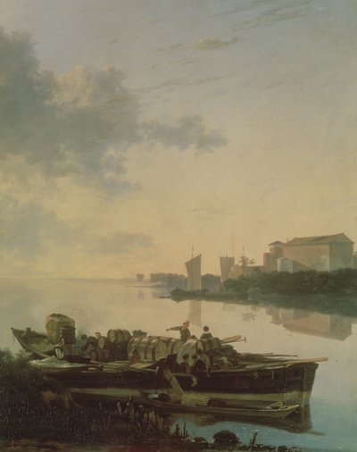 En trelekter på elven ved solnedgang av Adam Pynacker