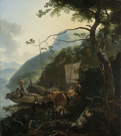 Båtmenn fortøyd ved bredden av en italiensk innsjø, 1650-70 av Adam Pynacker
