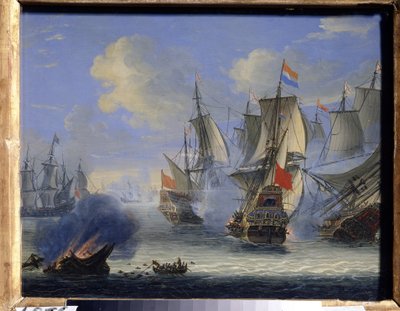 Sjøslag (Et sjøslag). Maleri av Adam Silo (1674-1757). Olje på lerret, 25 x 33,5 cm. Nederlandsk kunst, barokkkunst. Statens kunstmuseum, Tula (eller Tolan). av Adam Silo
