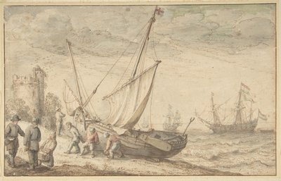 Fiskere drar båten sin inn på kysten, n.d. av Adam Willaerts
