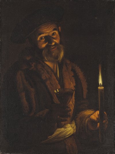 Gammel mann som holder et stearinlys og et glass av Adam de Coster
