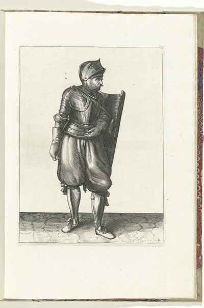 Øvelsen med skive og griper: soldaten bringer skiven bakfra over venstre skulder (nr. 2), 1618 Nassausche Wapen-Handelinge, van Schilt, Spies, Rappier and the Targe: beyde figuerlick avbildet, og innrammet etter den nye rekkefølgen [av] (... av Adam van Breen