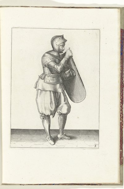 Øvelsen med skiven og griperen: soldaten holder skiven med høyre hånd og tar tak i beltet med venstre hånd (nr. 3), 1618 De Nassausche Wapen-Handelinge, van Schilt, Spies, Rappier ende Targe : beyde figuerlick avbildet , slutt etter av Adam van Breen
