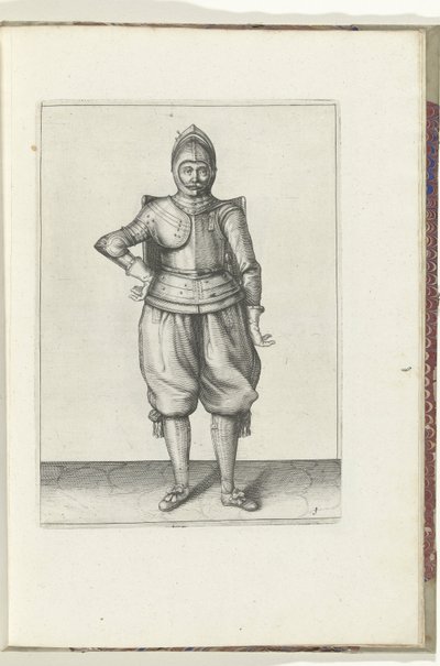 Drillen med skiven og griperen: soldaten i ro med skiven på ryggen (nr. 1), 1618 Nassausche Wapen-Handelinge, van Schilt, Spies, Rappier and the Targe : beyde figuerlick avbildet, og innrammet etter den nye orden [av] (...) Maurits van Nassa av Adam van Breen