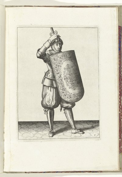 Drillen med skiven og griperen: hvordan soldaten skal lukke visiret på hjelmen med skiven og den tegnede griperen i hånden (nr. 7), 1618 Nassausche Wapen-Handelinge, van Schilt, Spies, Rappier and the Targe: beyde figuerlick avbildet, og av Adam van Breen