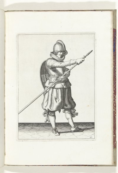 Skjold- og piggøvelsen: Soldaten bringer piggen tilbake i posisjon med to hender (nr. 29), 1618 Nassausche Wapen-Handelinge, van Schilt, Spies, Rappier and the Targe: beyde figuerlick avbildet, og innrammet etter den nye rekkefølgen [av] (...) Ma av Adam van Breen
