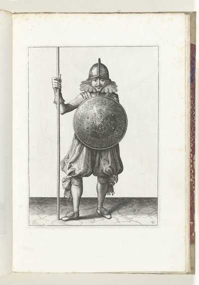 Øvelsen med skjold og spyd: soldaten returnerer spydet til hvilestilling i tre ganger, tredje sats (nr. 12), 1618 Nassausche Wapen-Handelinge, van Schilt, Spies, Rappier and the Targe: beyde figuerlick avbildet, og innrammet etter av Adam van Breen
