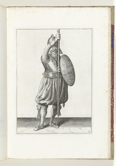 Øvelsen med skjold og spyd: soldaten returnerer spydet til hvilestilling i tre ganger, andre sats (nr. 11), 1618 Nassausche Wapen-Handelinge, van Schilt, Spies, Rappier and the Targe: beyde figuerlick avbildet, ende innrammet etter av Adam van Breen