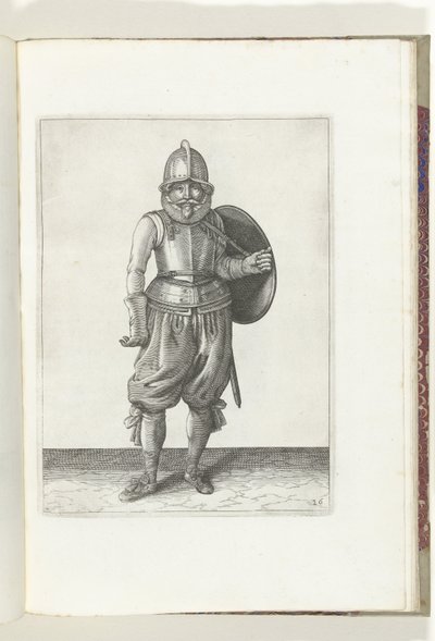Skjold- og piggøvelsen: Soldaten returnerer skjoldet på baksiden med sin venstre arm (nr. 26), 1618 De Nassausche Wapen-Handelinge, van Schilt, Spies, Rappier and the Targe: beyde figuerlick avbildet, ende innrammet etter den nye rekkefølgen [av] (.. av Adam van Breen