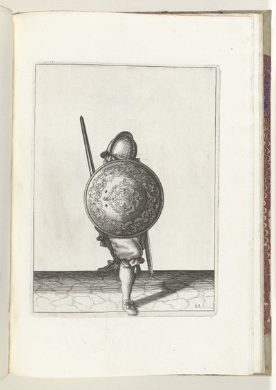Skjold- og piggøvelsen: Soldaten i forsvarsposisjon med en fot foran og griperen og skjoldet på kneet foran kroppen, sett forfra (nr. 22), 1618 Nassausche Weapons Act, av Schilt, Spies, Rappier og Targ av Adam van Breen