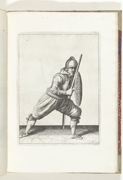 Skjold- og piggøvelsen: Soldaten i forsvarsposisjon med en fot foran og griperen og skjoldet på kneet foran kroppen (nr. 21), 1618 The Nassausche Wapen-Handinge, van Schilt, Spies, Rappier andde Targe : beyde figuerli av Adam van Breen