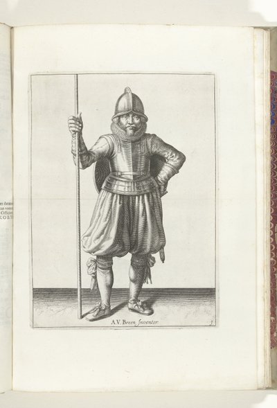 The Shield and Spike Exercise: Soldaten i hvile, pigg i hånden og skjold på ryggen (nr. 1), 1618 Nassausche Wapen-Handelinge, van Schilt, Spies, Rappier and the Targe: beyde figuerlick avbildet, ende innrammet etter den nye rekkefølgen [av] ( av Adam van Breen