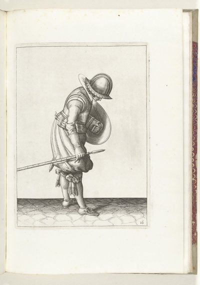 Skjold- og piggøvelsen: Soldaten setter piggen på bakken ved siden av sin høyre fot (nr. 16), 1618 Nassausche Wapen-Handelinge, van Schilt, Spies, Rappier and the Targe: beyde figuerlick avbildet, og innrammet etter den nye rekkefølgen [av] (...) M av Adam van Breen